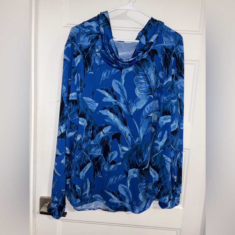 Blue Leaf Print Cowl Neck Top for women (fits 3X)